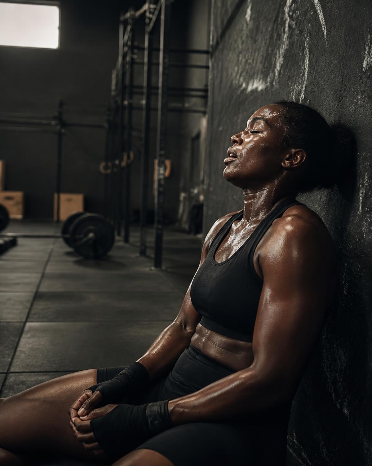 South African athlete recovering against a chalked wall after a functional fitness session