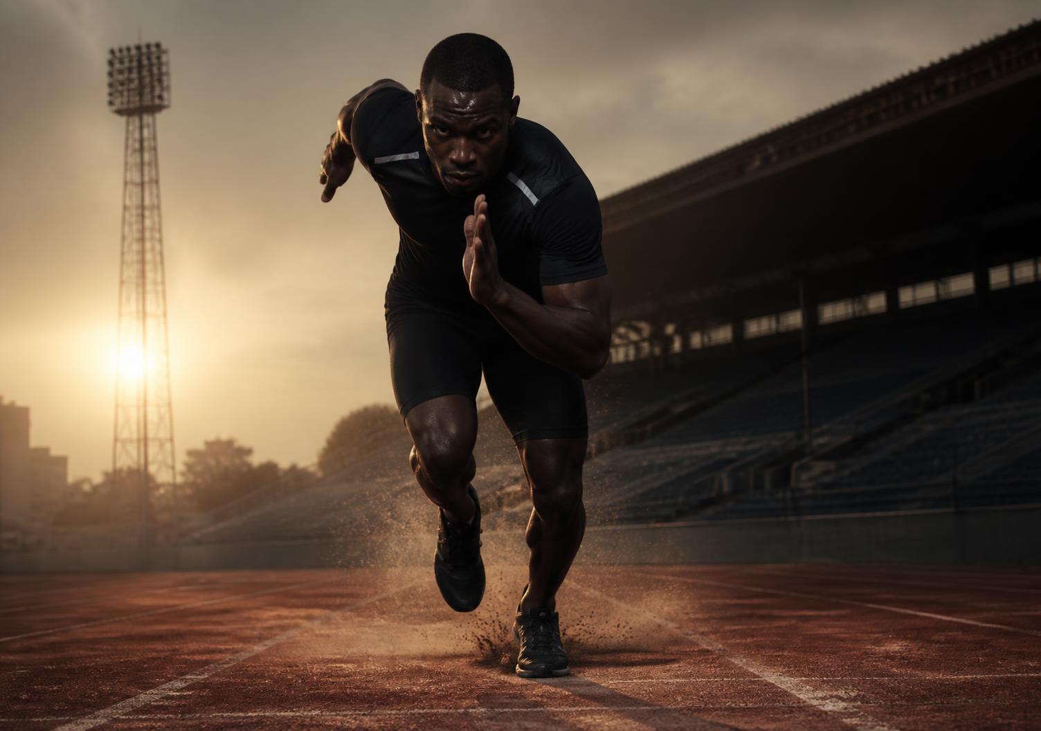 Sprinter driving out of the blocks on a track at dawn