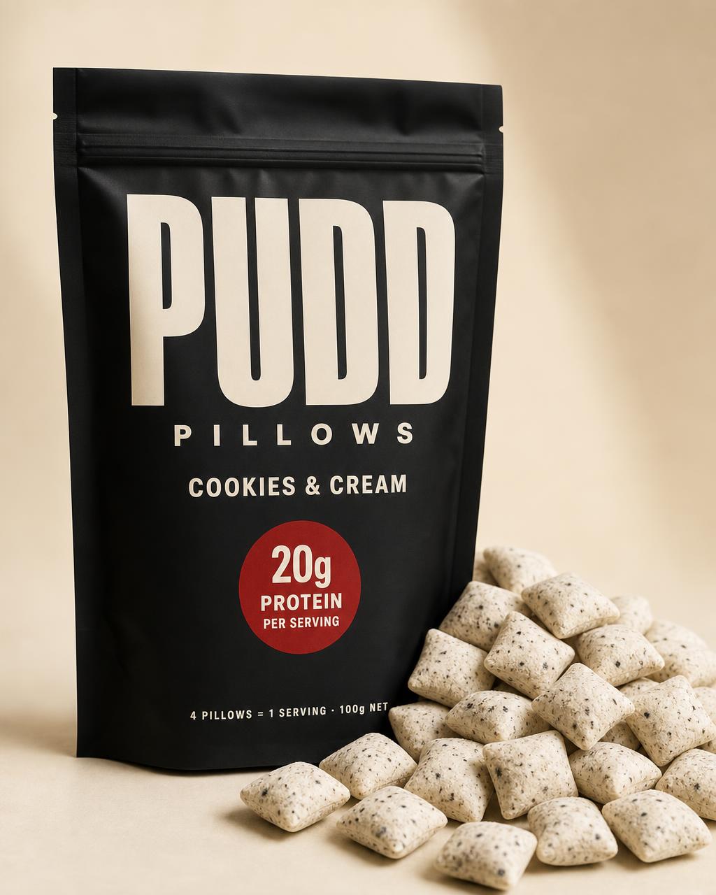 Full PUDD Cookies & Cream pouch with protein bites spilling out