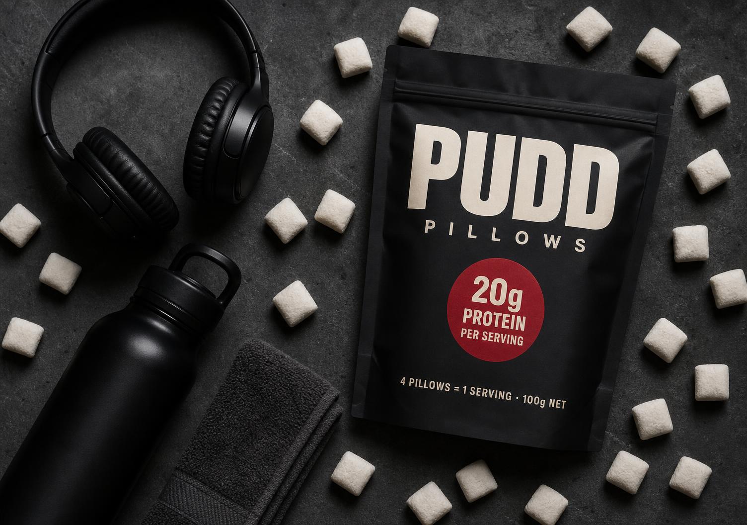 Gym bag flat lay with headphones, water bottle, towel and a full PUDD pouch spilling protein bites