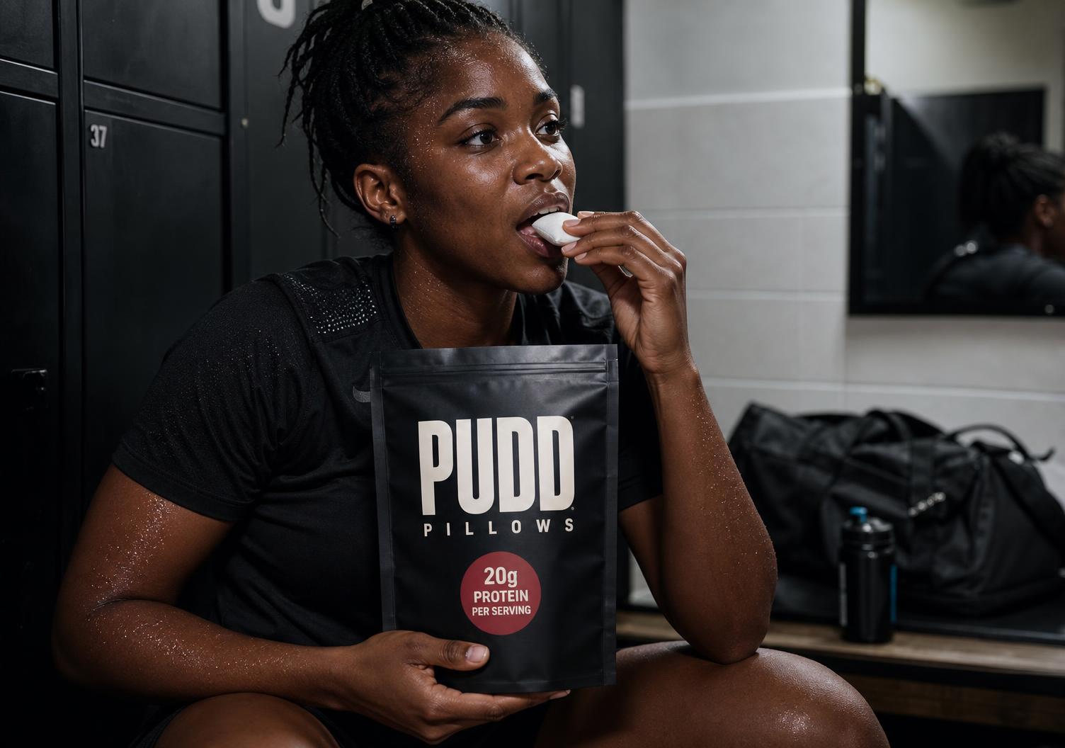 South African athlete eating a PUDD pillow in a gym locker room after training